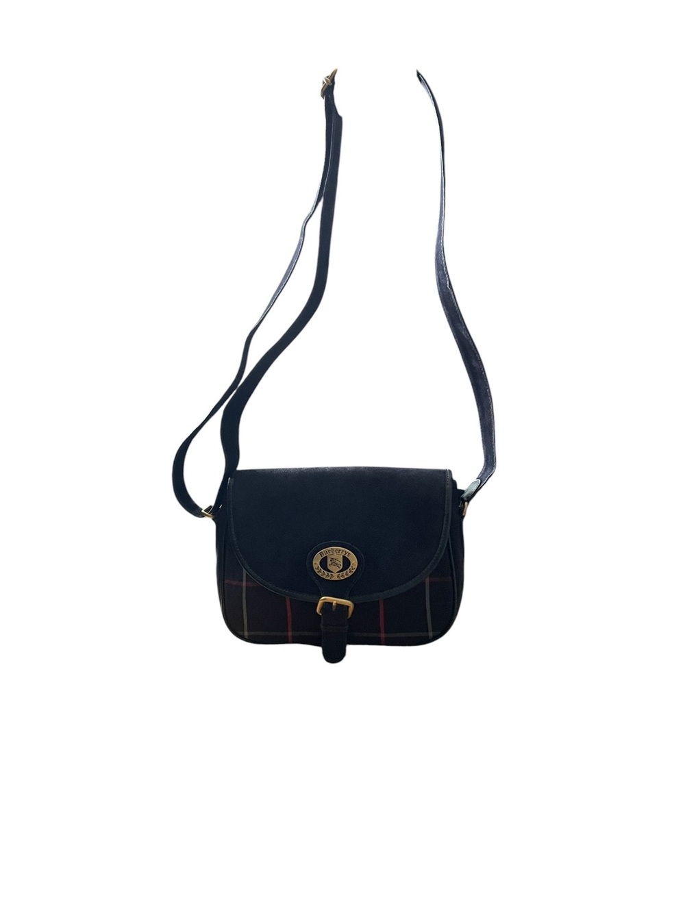 Vintage Burberrys Navy Plaid Crossbody Flap Bag Gold Crest Suede Trim